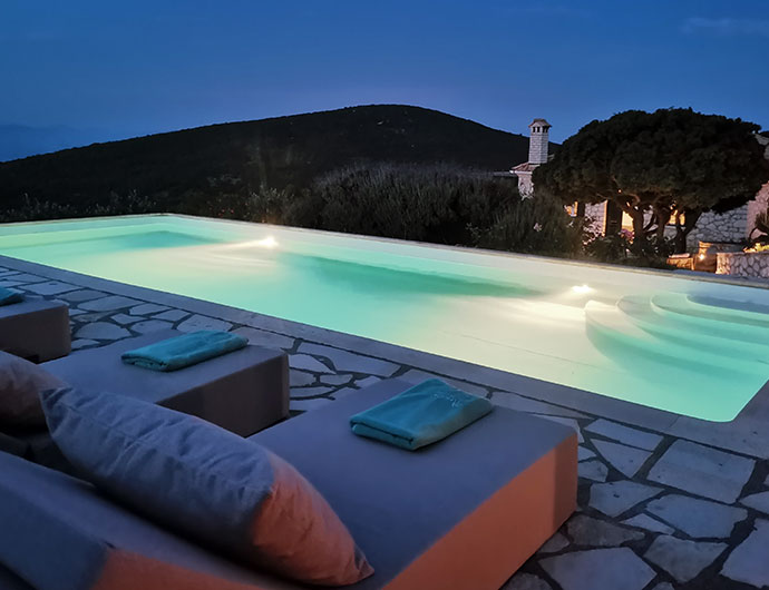 Pool by night at villa Geofos on Lefkada island