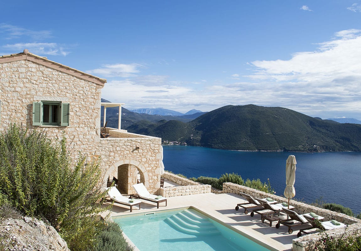 Urania Villas Lefkada Greece - Villa Eos Lefkada pool views facing the Greek Ionian sea and the colorful mountains