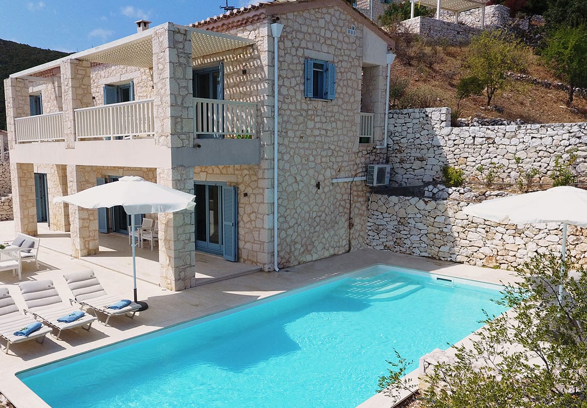 Urania Villas Lefkada Greece - Villa Fos Lefkada pool area and terrace, comfortable large exterior spaces for yoga practice