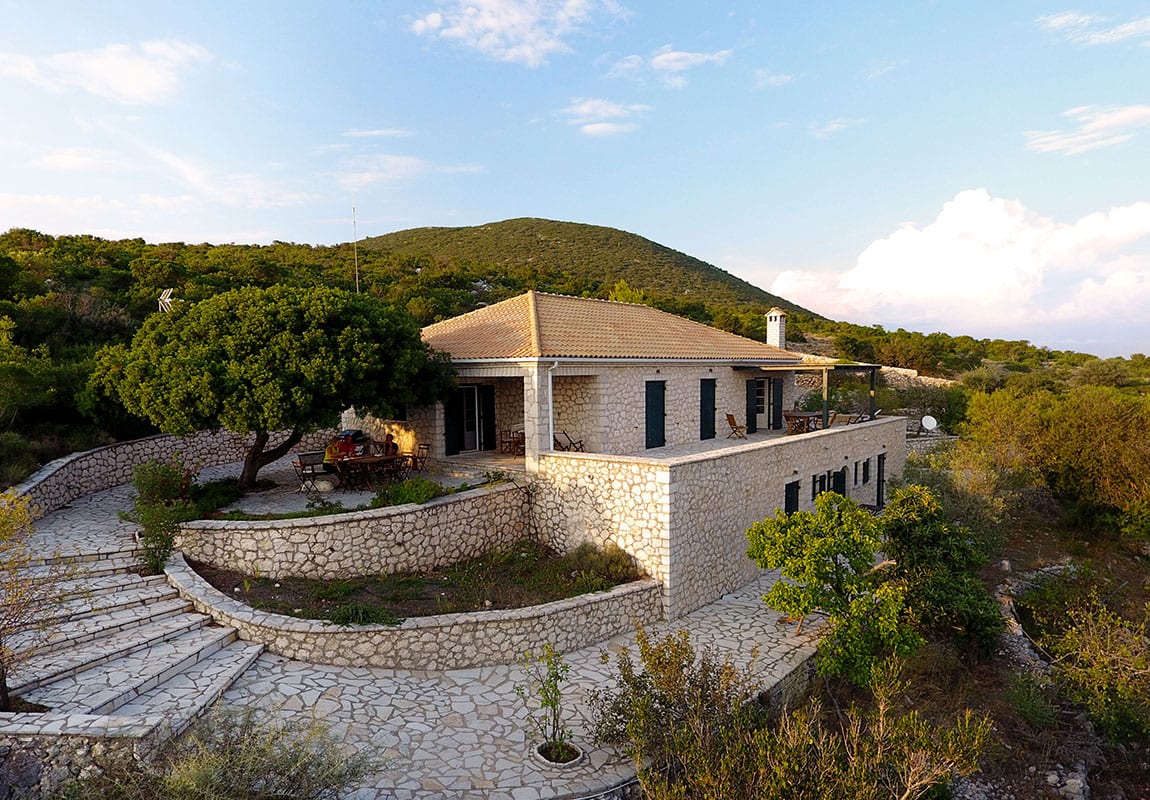 Urania Villas Lefkada Greece - Villa Geofos Lefkada panoramic drone picture of the west side of the villa