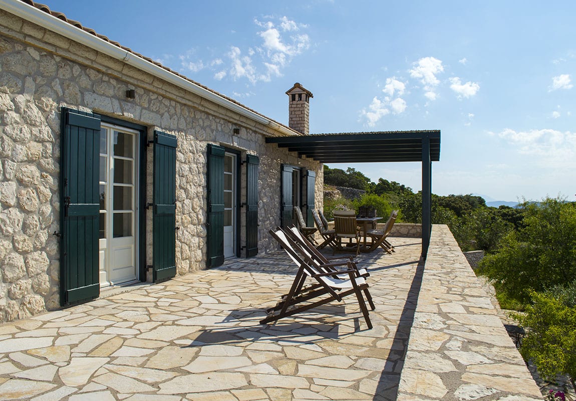 Urania Villas Lefkada Greece - Villa Geofos Lefkada terrace upstairs, luxury furniture and mountain views