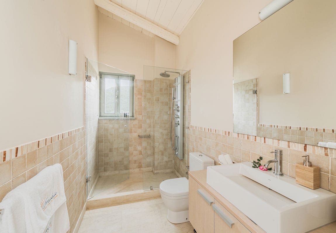 Urania Villas Lefkada Greece - Villa Helios Lefkada contemporary bathroom upstairs, with multi jet shower