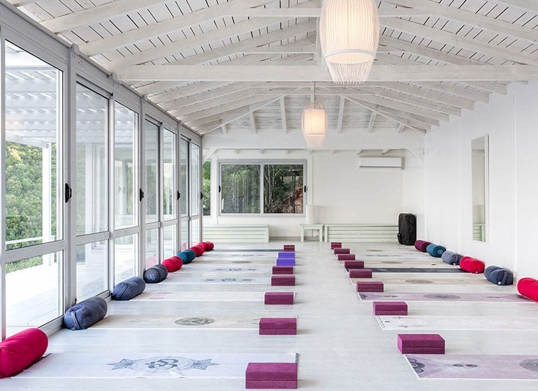 Our Yoga Studio with equipment, mid day photo. Yoga Retreats Greece