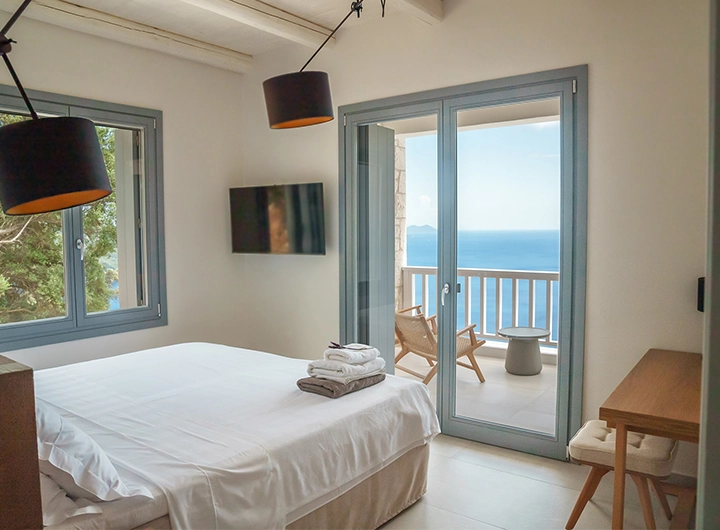 Main bedroom 2 of villa Rhea facing the amazing views of the Ionian Sea and Ithaca