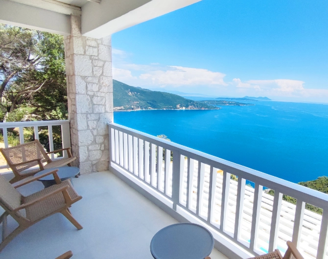Urania Villa Rhea in Lefkada Terrace upstairs with Arkoudi and Atokos island views