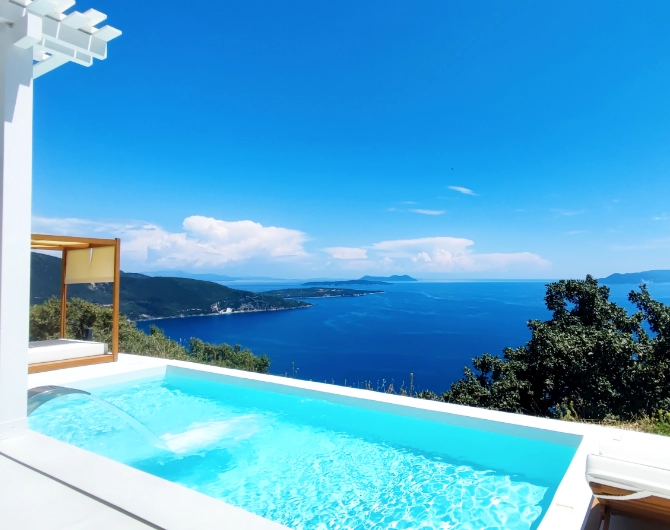 Villa Rhea panoramic view of the pool with Ithaca island stunning scenery